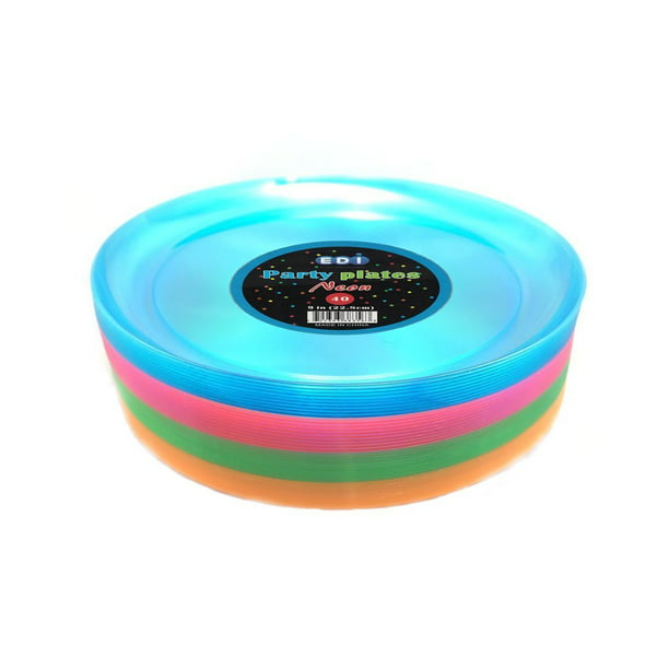 40-Count Assorted Neon EDI Hard Plastic 9-Inch Round Party/Luncheon Plates 